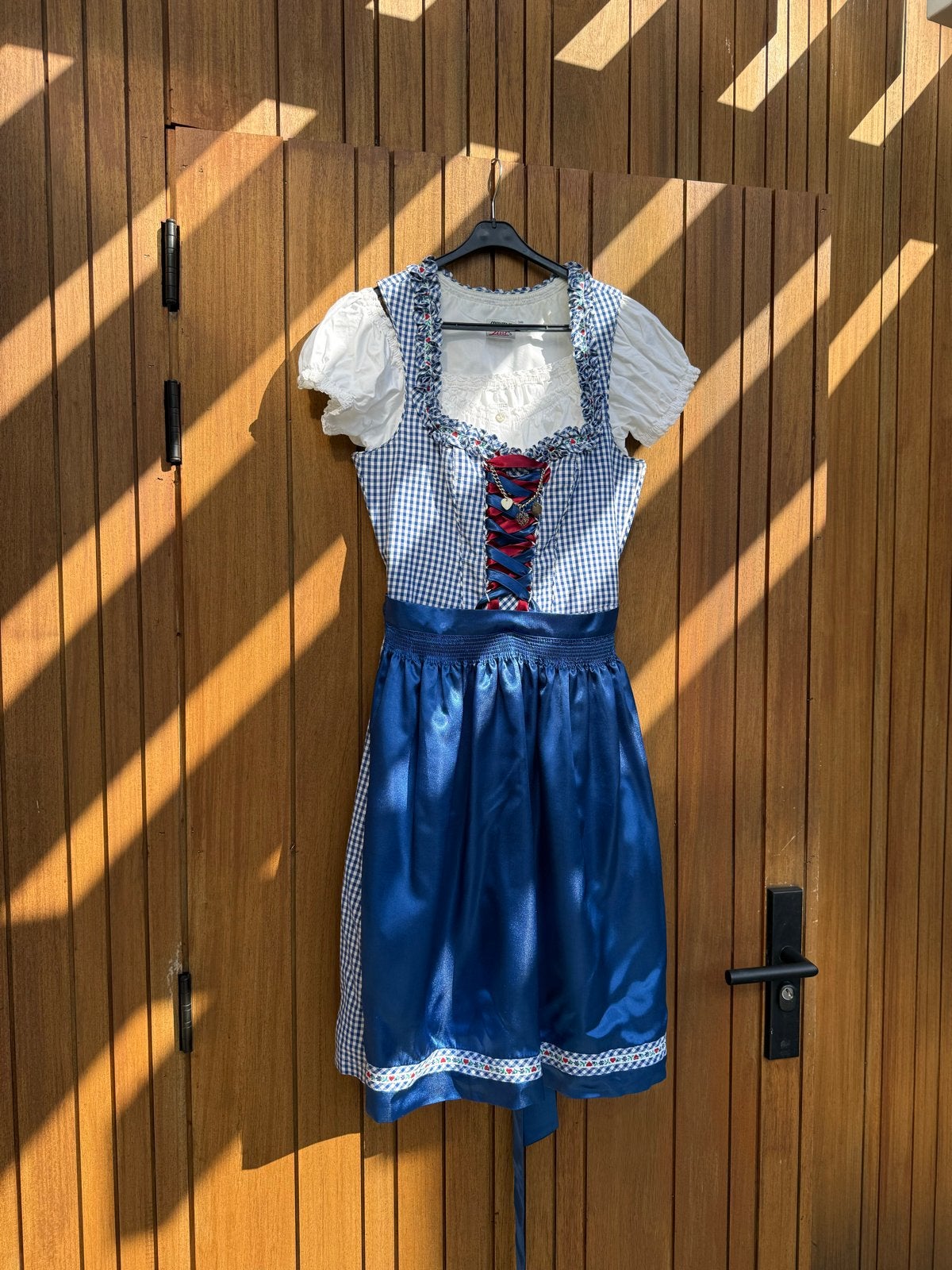 Dirndl jurk blauw wit geruit met schort, Blauw, Ophalen of Verzenden, Zo goed als nieuw, Knielengte