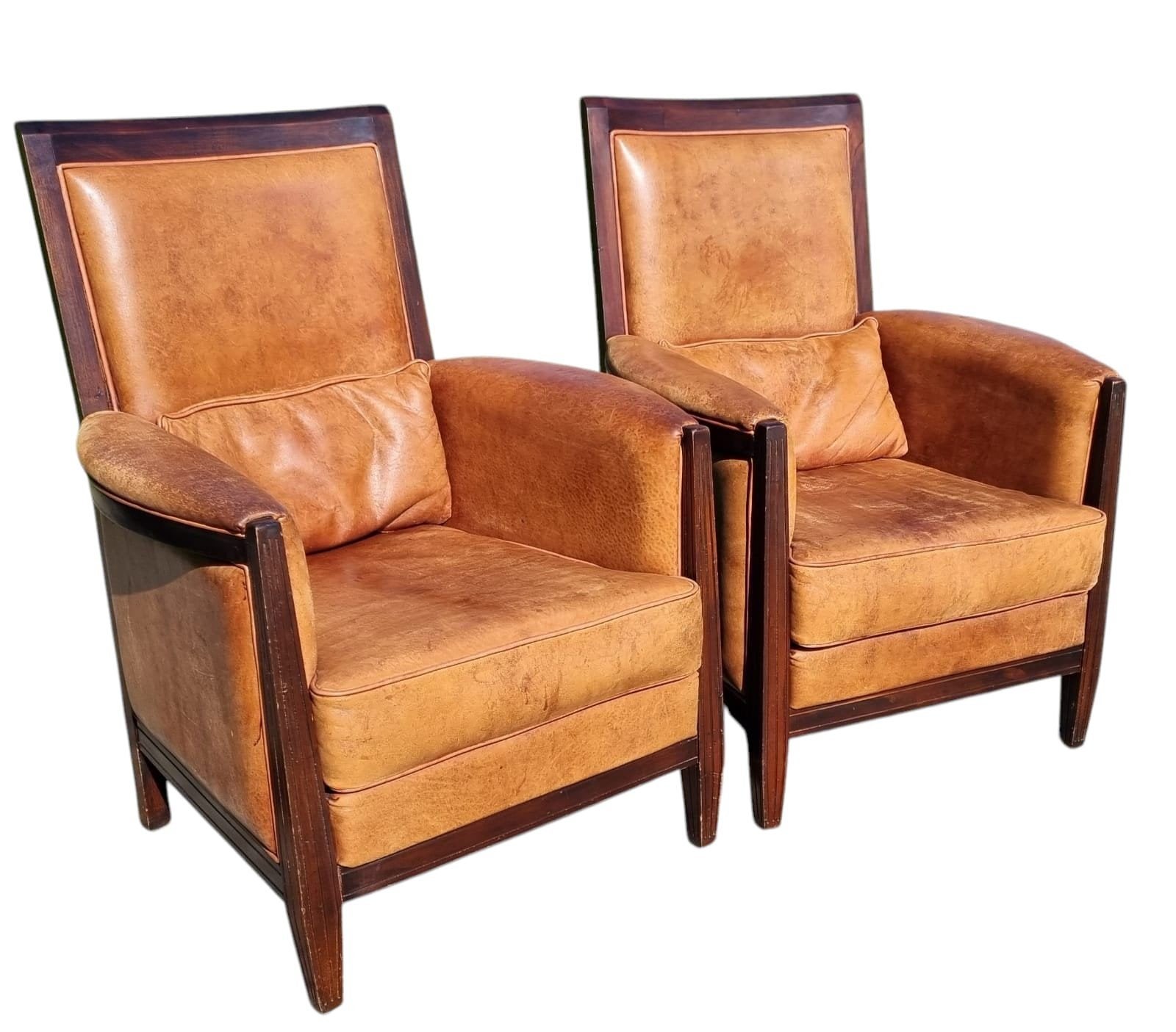 2 klassieke schapenleren fauteuils met hout + BEZORGING, Gebruikt, ., Chesterfield, 75 tot 100 cm