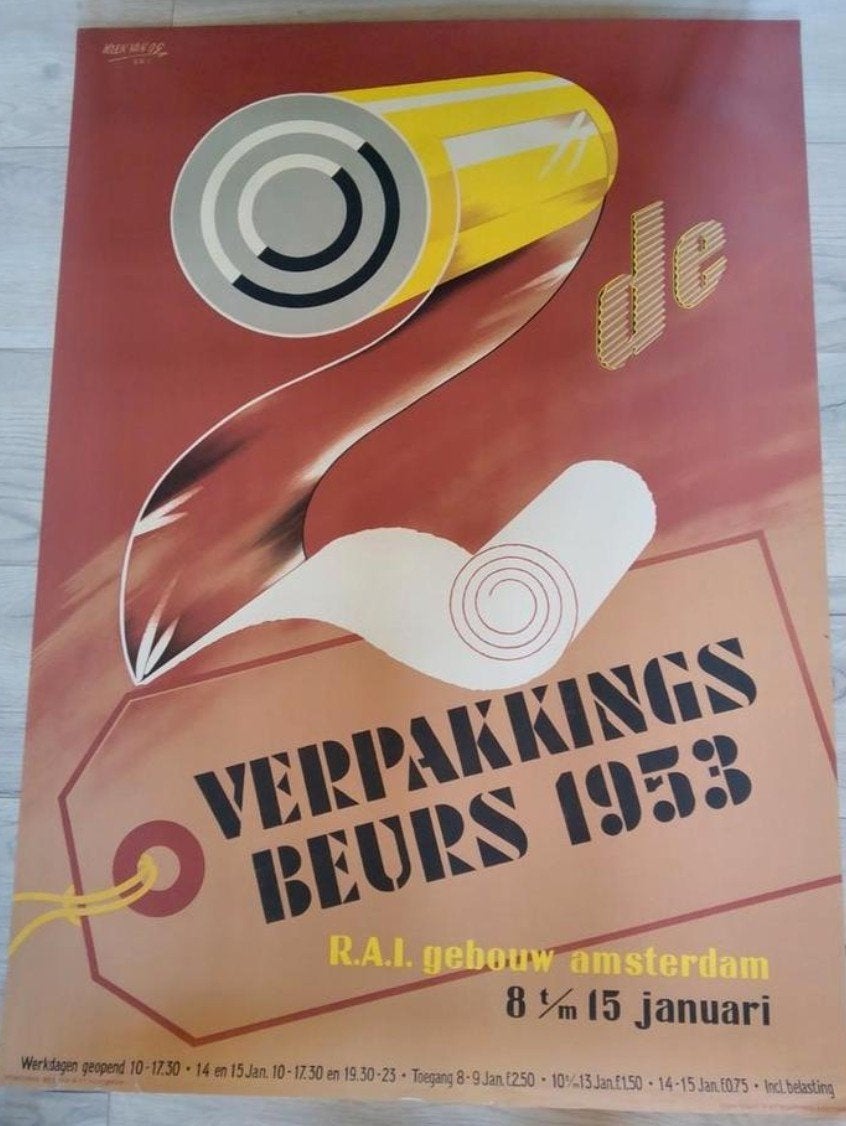 Vintage Verpakkingsbeurs 1953 Poster - Koen van Os, Ophalen of Verzenden, A1 t/m A3, Reclame, Rechthoekig Staand