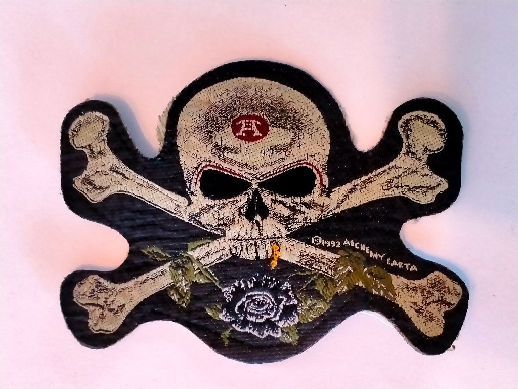 Alchemy Carta Skull vintage kleding embleem patch gebruikt, Verzamelen, Muziek, Artiesten en Beroemdheden, Verzenden, Gebruikt