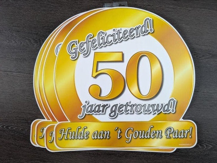 Gefeliciteerd 50 jaar getrouwd bord - Gouden Paar, Ophalen of Verzenden, Versiering, Geboorte of Huwelijk