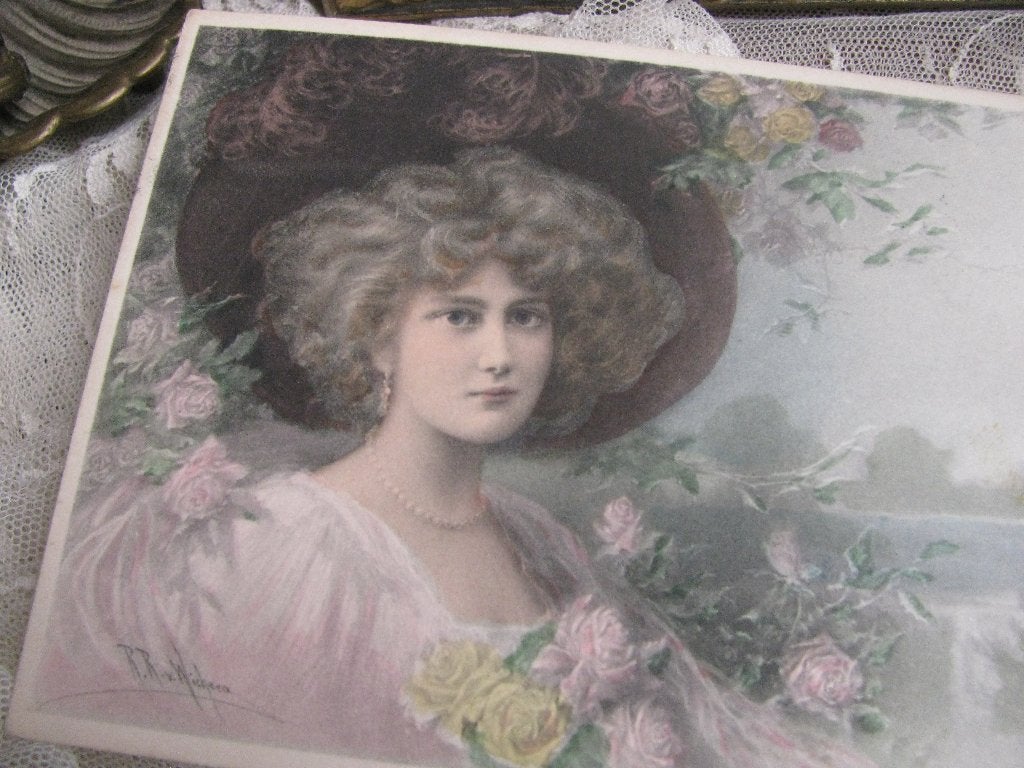 Antieke Gesign. Kaart / Wichera - Dame met Hoed / Rozen, Verzenden, Voor 1920, Gelopen, Overige thema's