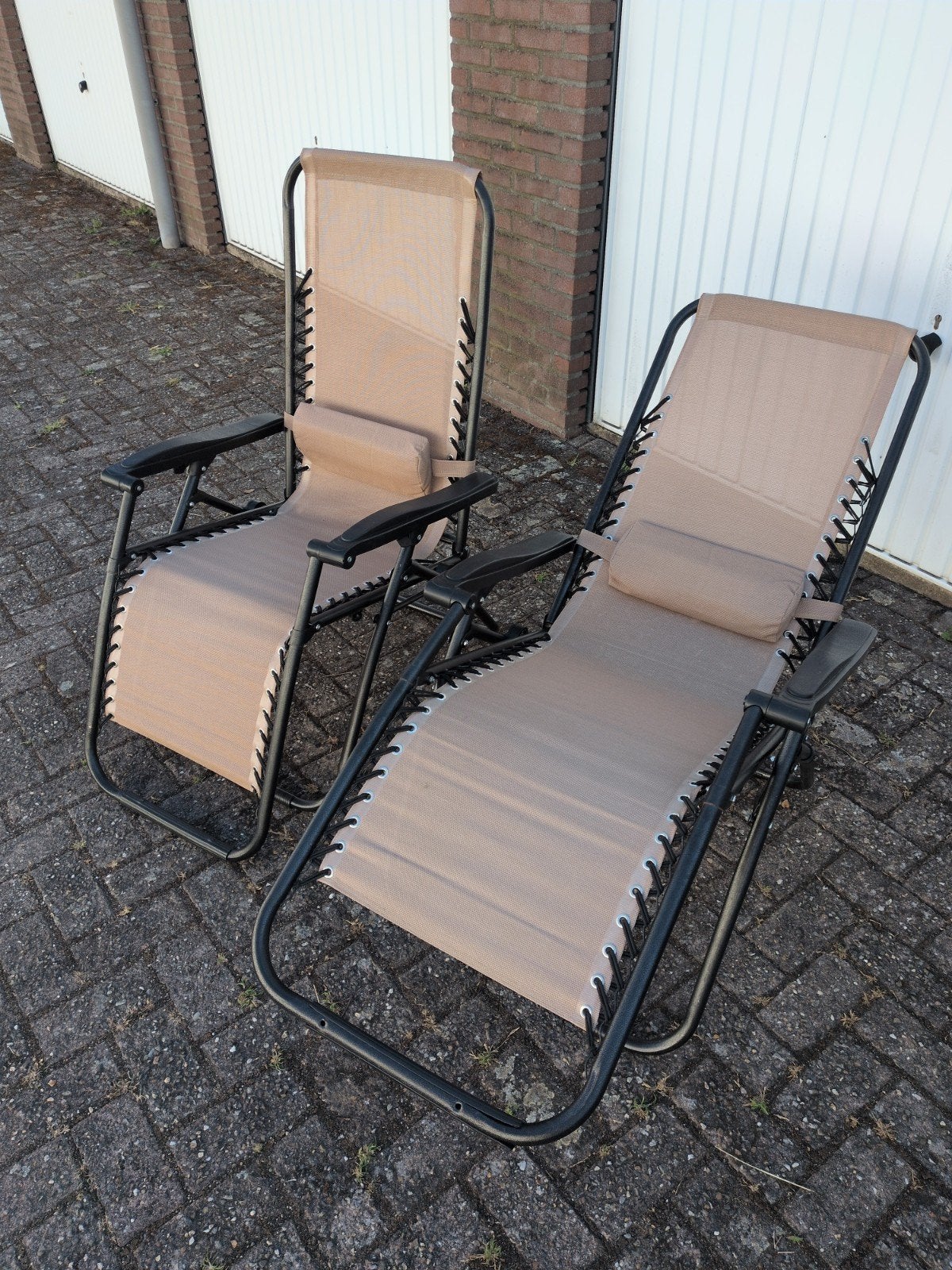 2x Relaxstoel Tuinstoel Ligstoel Inklapbaar Beige, Caravans en Kamperen, Ophalen, Gebruikt