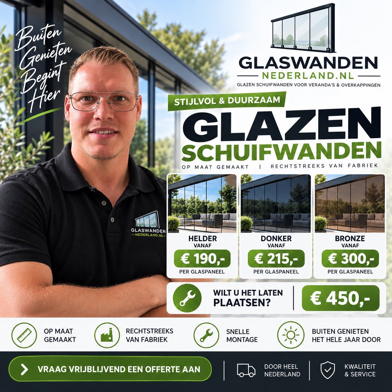 Glazen Schuifwanden voor Overkapping, Tuinhuis, Veranda, Ophalen, 215 cm of meer, Overige typen, Nieuw