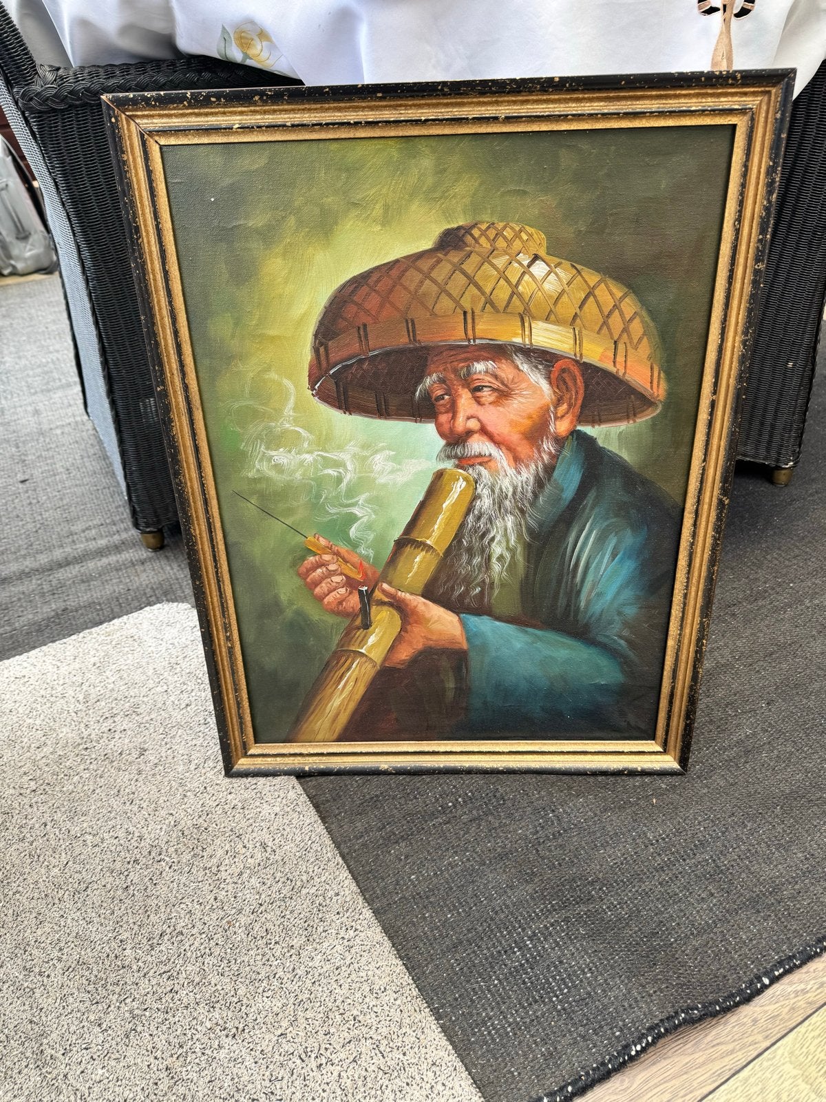 Oud schilderij van opiumroker met bamboe pijp, Antiek en Kunst, Kunst | Schilderijen | Klassiek, Ophalen of Verzenden