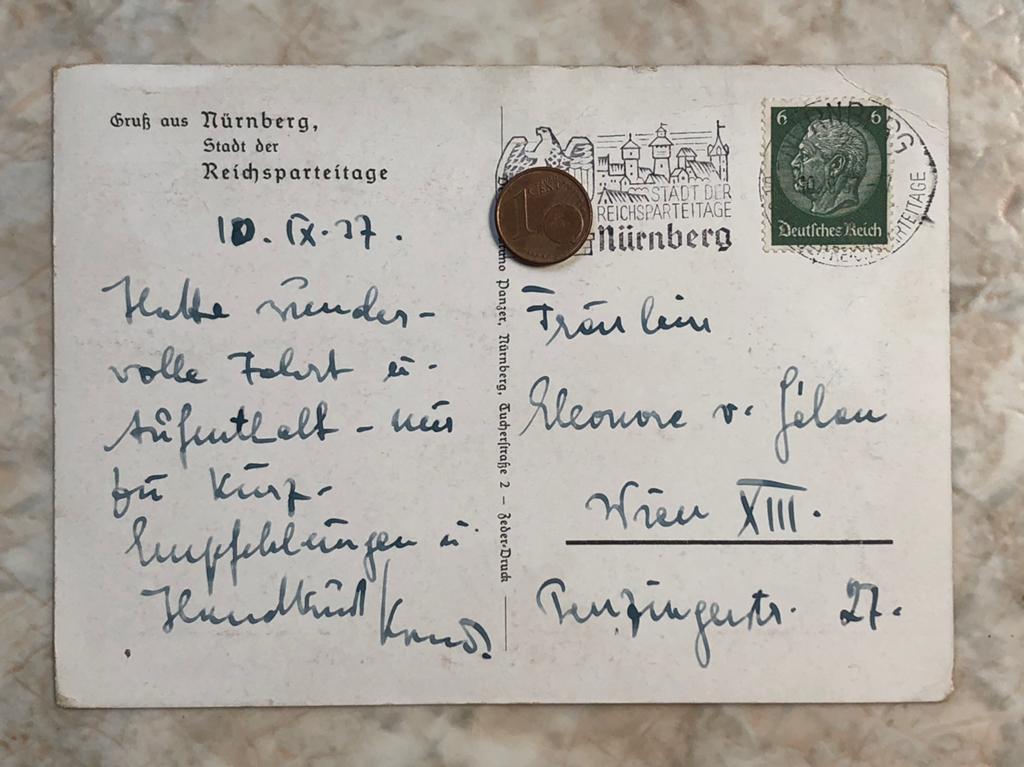 Postkaart, gestempeld Nürnberg 10.9.37., Postzegels en Munten, Verzenden, Briefkaart