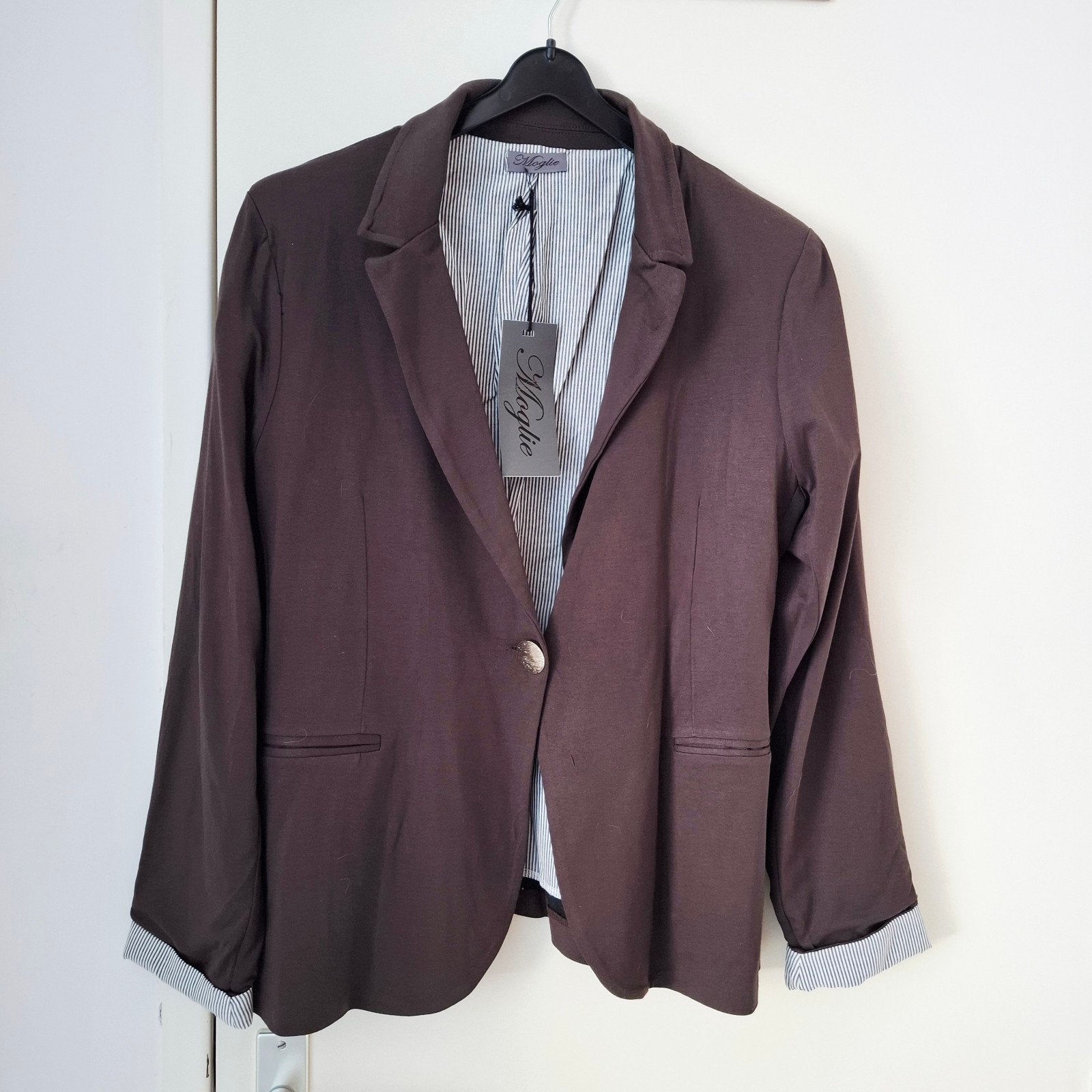 Moglie, nieuwe donkerbruine jersey blazer - maat L, Kleding | Dames, Jasjes, Kostuums en Pakken, Bruin, Maat 42/44 (L), Nieuw