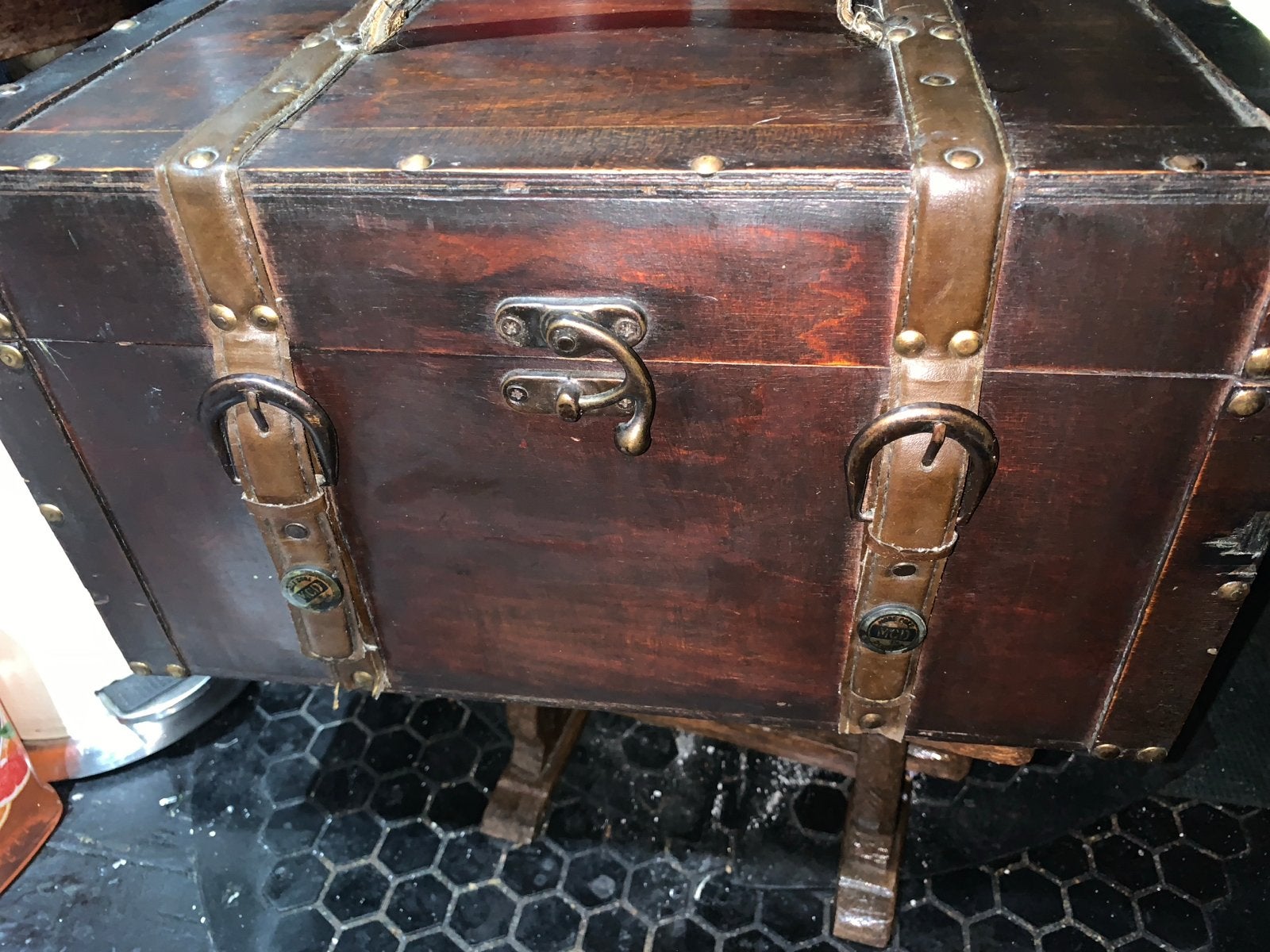 Decoratieve Houten Kist met Leren Banden vintage 40x22, Antiek en Kunst, Ophalen of Verzenden