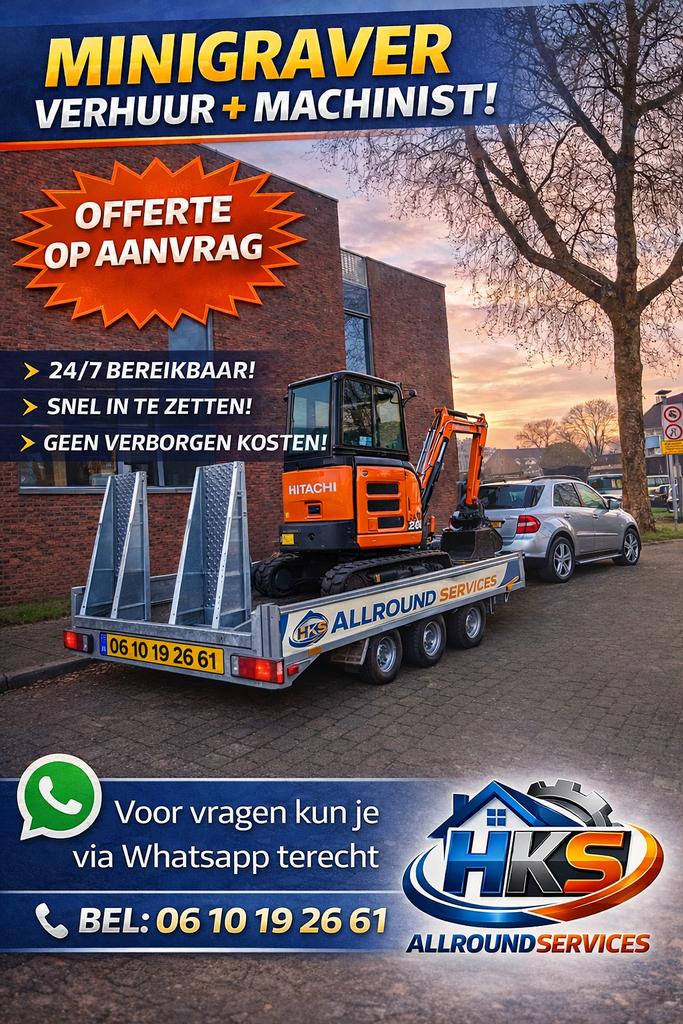 Minigraver verhuur + machinist direct 24/7 beschikbaar, Ophalen of Verzenden, Nieuw, Overige vervoermiddelen