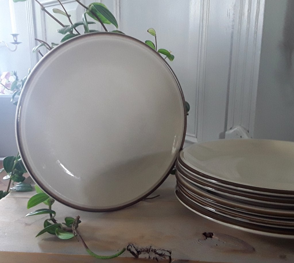 6 vintage ontbijtborden - Opal Bonapart - grijsbruin met bru, Gebruikt, Keramiek, Vintage, Ophalen of Verzenden