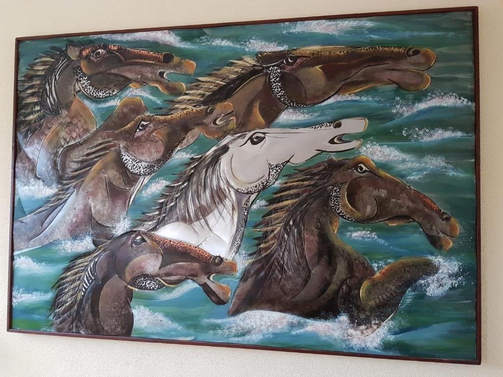 metaal schilderij paarden in zee 182,5 cm x 142,5 cm, Antiek en Kunst, Ophalen of Verzenden, Dieren, Gelimiteerde oplage, Collage