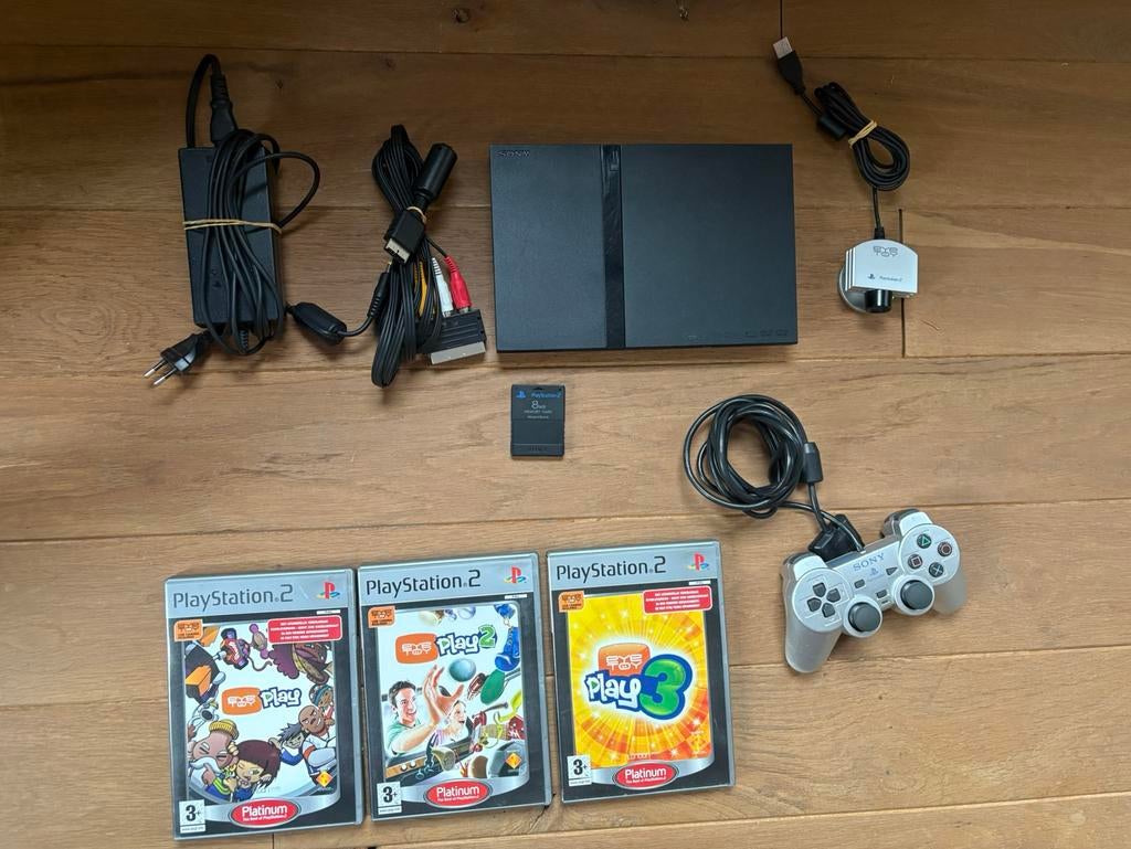 PlayStation 2 slim + accessoires, Spelcomputers en Games, Gebruikt, Zwart, Met games, Ophalen of Verzenden