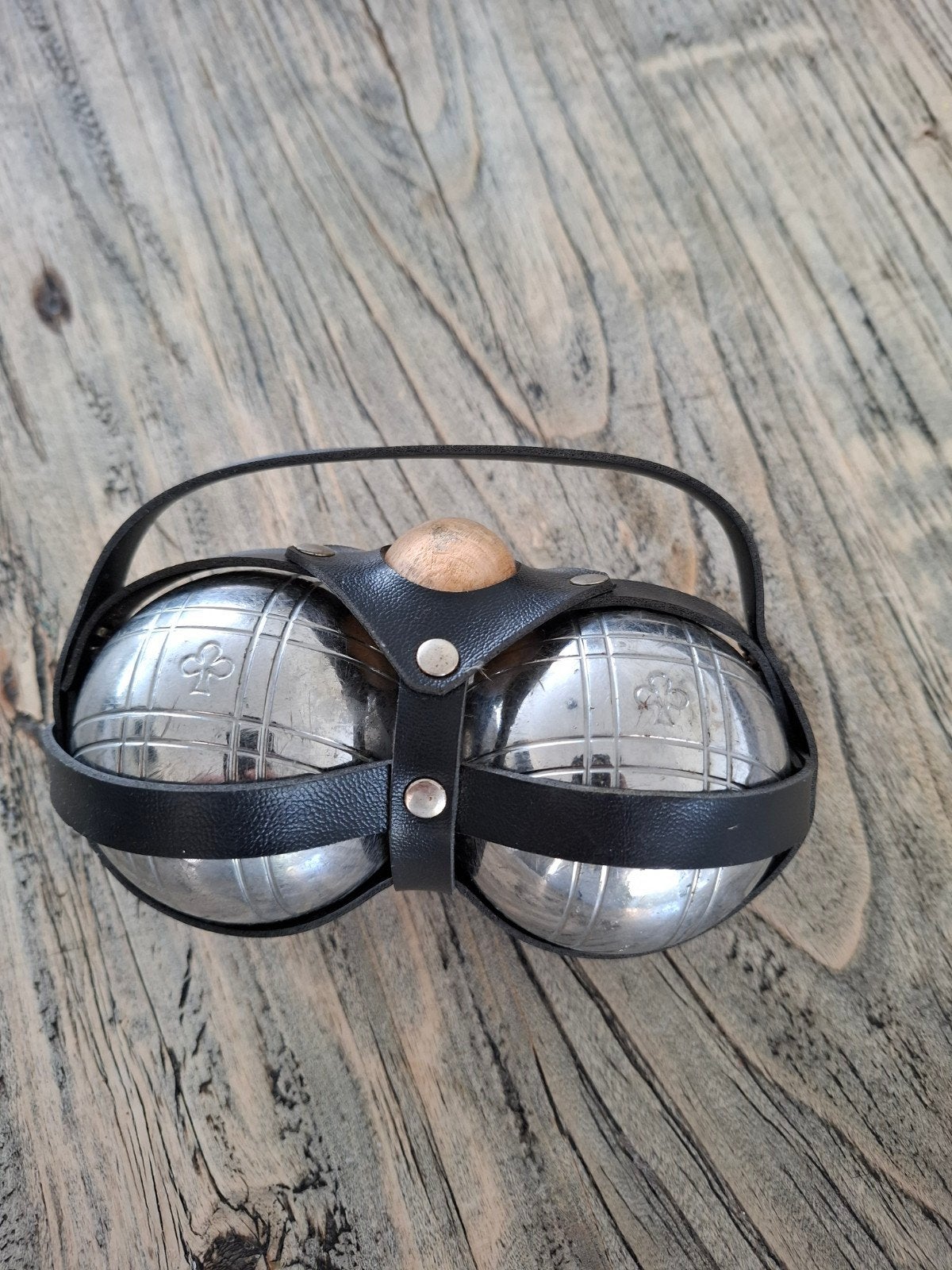 Vintage Petanque Ballen (Doublette) met Klaverbladlogo, Ophalen of Verzenden, Gebruikt