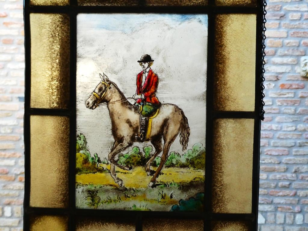 Gebrandschilderd glas in lood raamhanger met Ruiter te paard, Ophalen of Verzenden