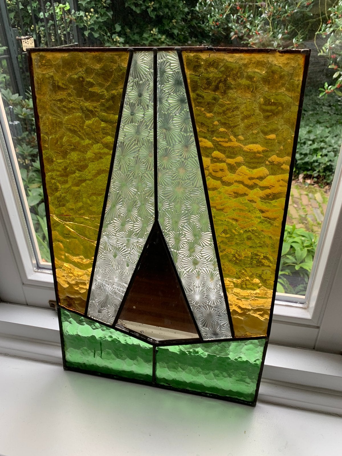 Vintage glas in lood paneel groen geel Art Deco, Antiek en Kunst, Ophalen
