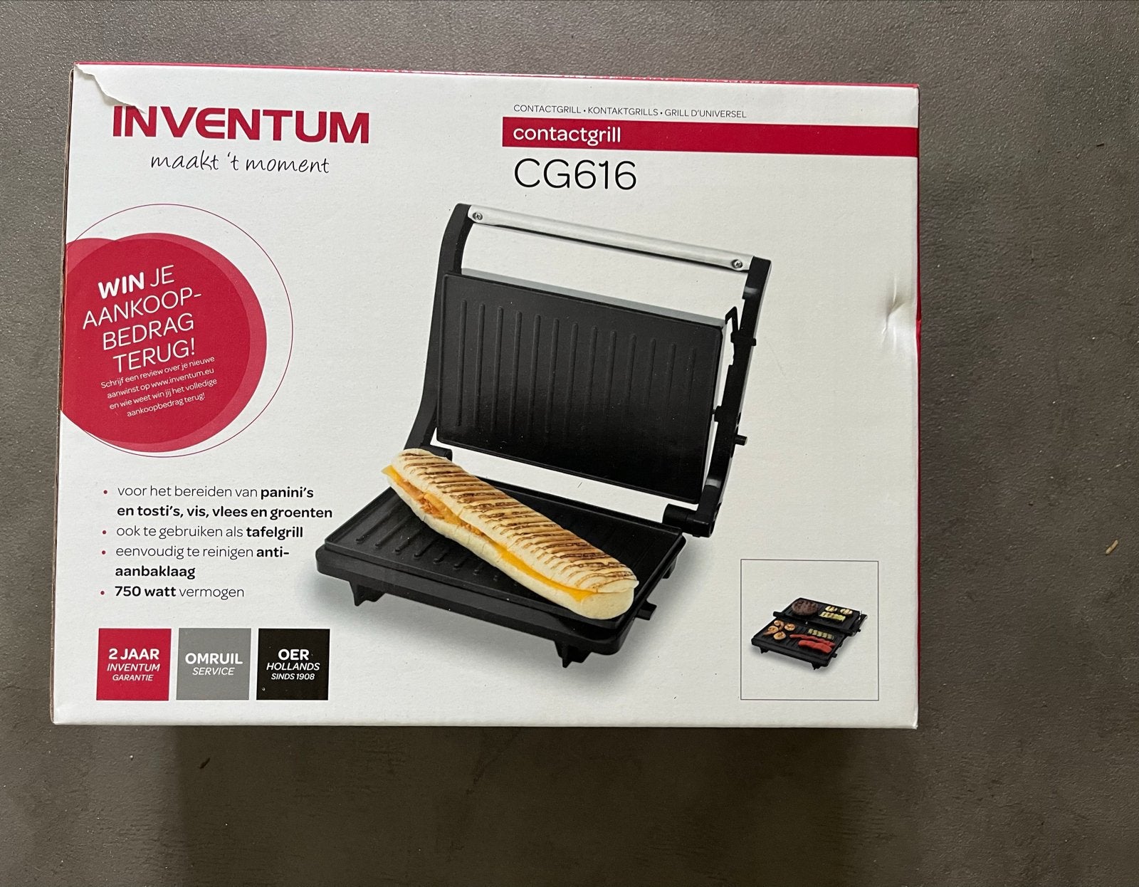 Inventum CG616 Contactgrill - Nieuw in doos, Witgoed en Apparatuur, Contactgrills, Ophalen, Uitneembare platen, Nieuw