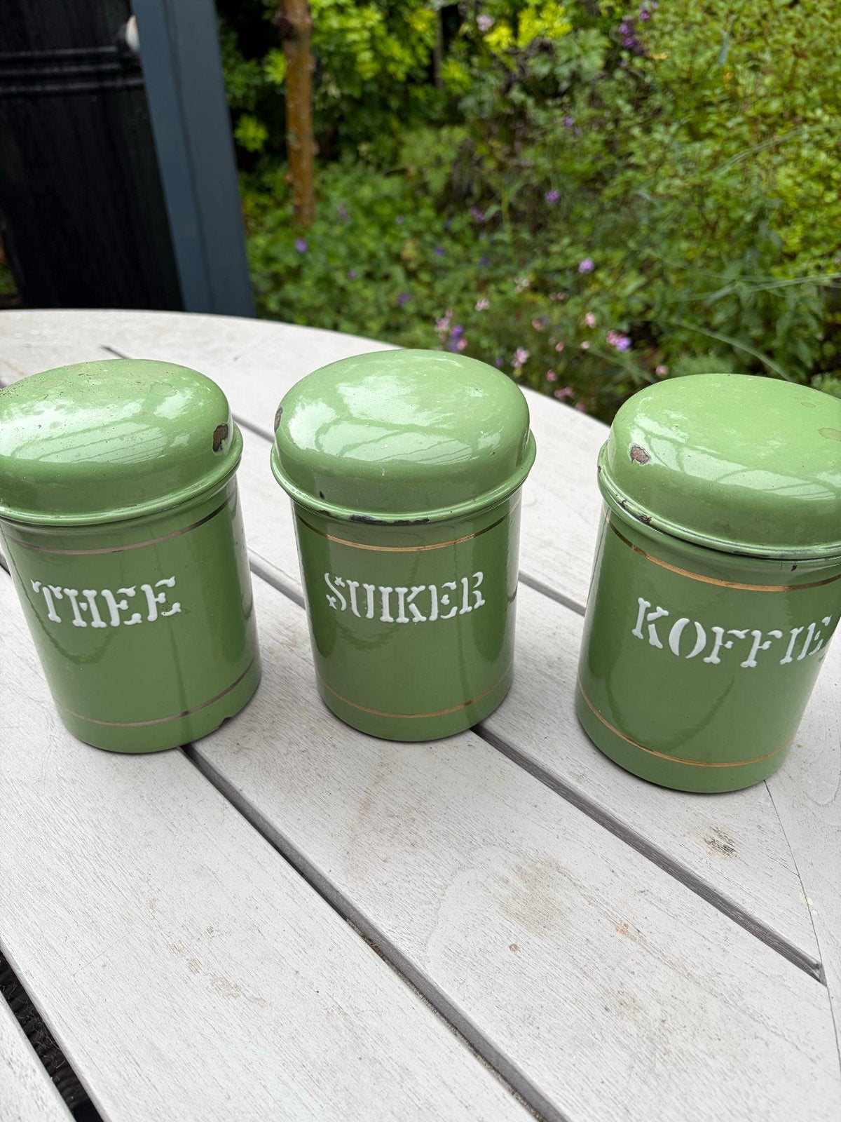 Vintage groene voorraadblikken (thee, suiker, koffie), Ophalen