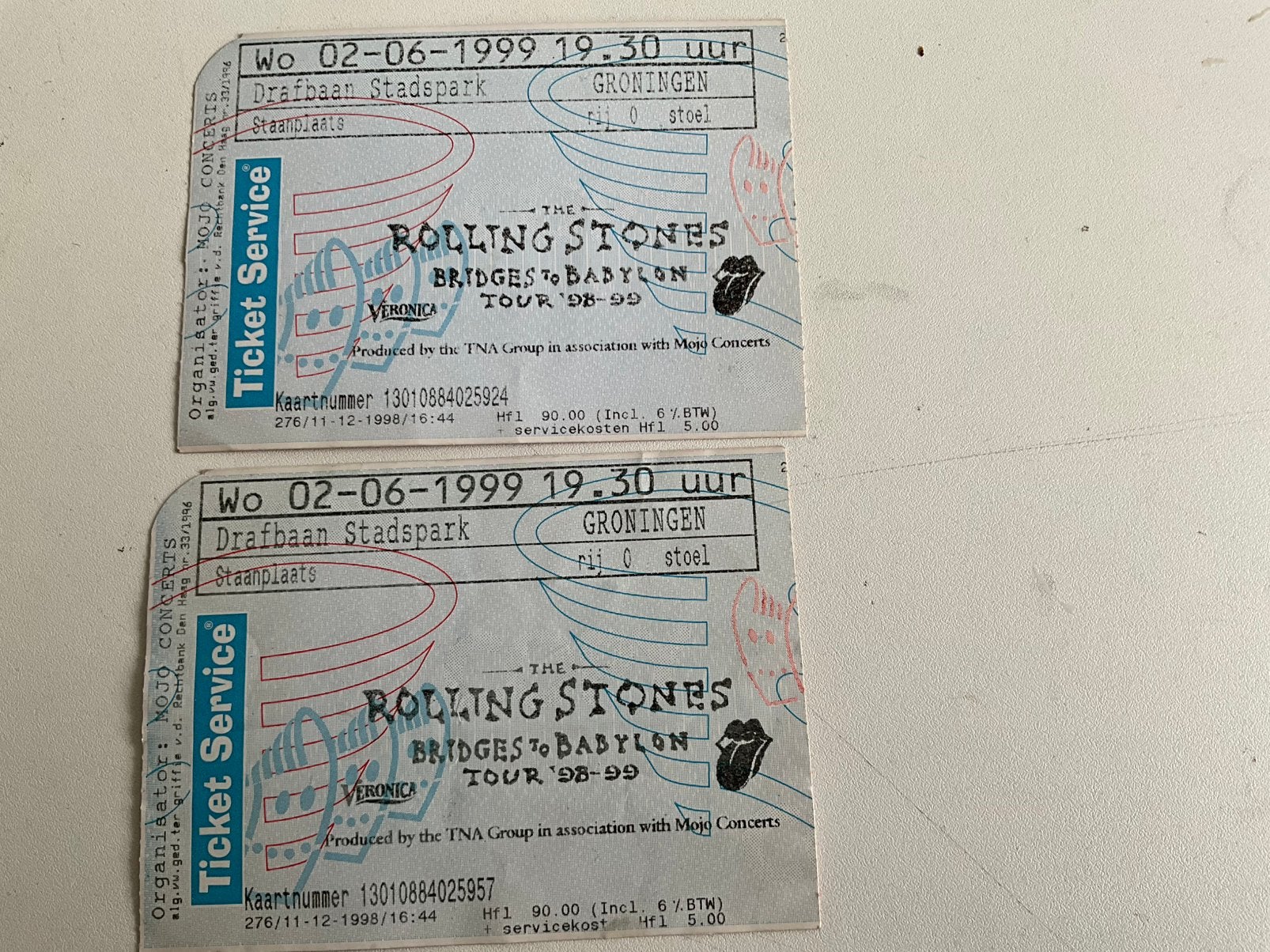 2 kaartjes ROLLING STONES Bridges to Babylon tour 98-99, Ophalen of Verzenden, Zo goed als nieuw, Foto of Kaart