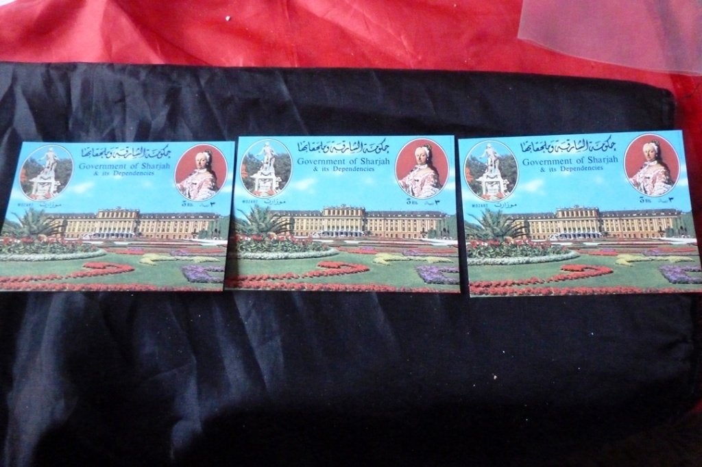 Postzegels - Government of Sharjah - 3 x Mozart waarde 3 Rls, Ophalen of Verzenden, Postfris, Zuidoost-Azië
