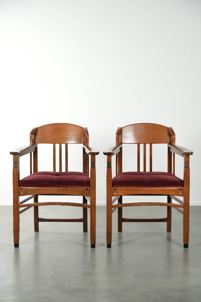 2 x Art Nouveau/ Jugendstil design Schuitema eetkamerstoel, Huis en Inrichting, Stoelen, Gebruikt, Twee, Hout, Stof, Bruin, Ophalen