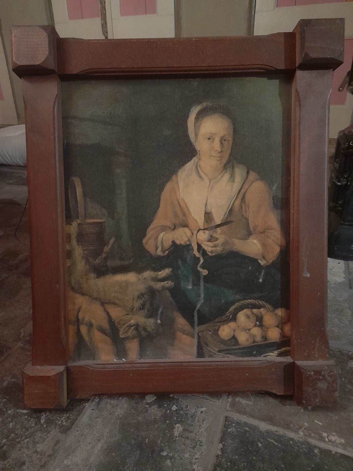 schilderij vintage vrouw die appels schilt, Ophalen