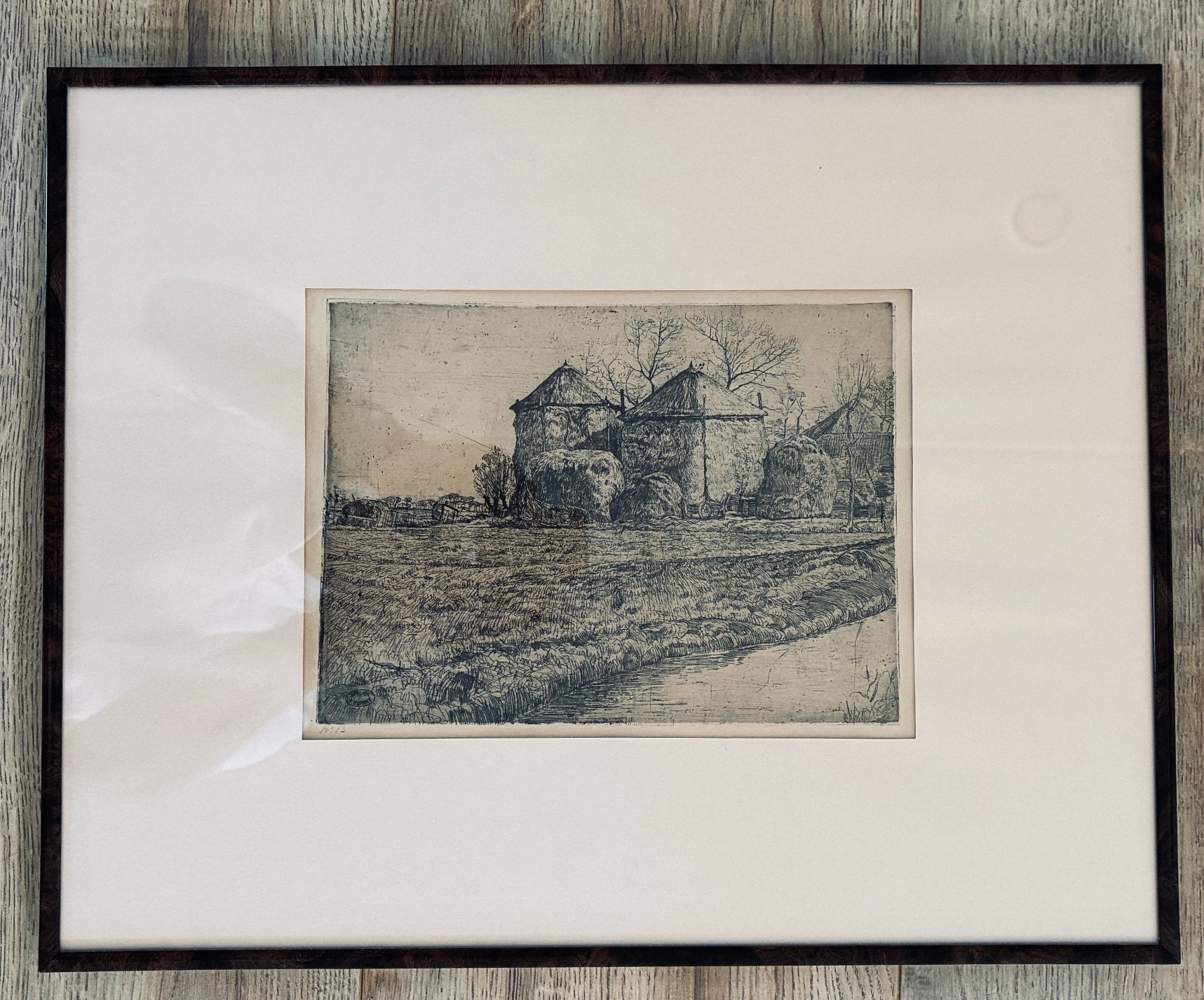 Originele ets Pieter Dupont (1895)"Bij de boerderij" Opl. 25, Ophalen, 1800 - 1899, Ets, Met passe-partout