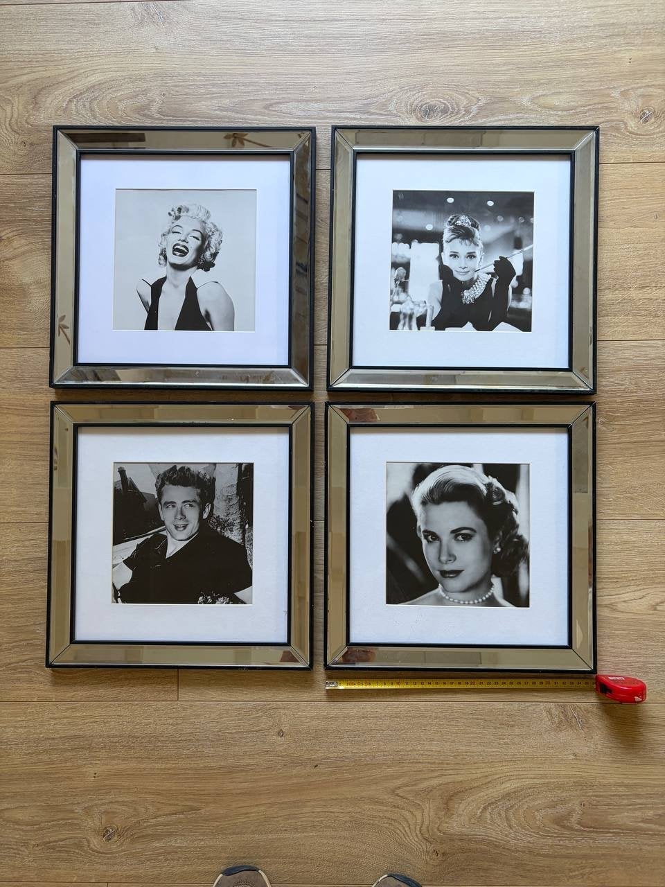 Set van 4 spiegel lijsten zwart-wit foto's van iconen, Ophalen, Ingelijst werk, Met afbeelding, Zilver