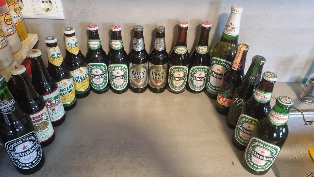 15x Heineken '86-02: Import, Zeefdruk, 50j, Lingen, Dry100 +, Verzamelen, Biermerken, Ophalen of Verzenden, Zo goed als nieuw