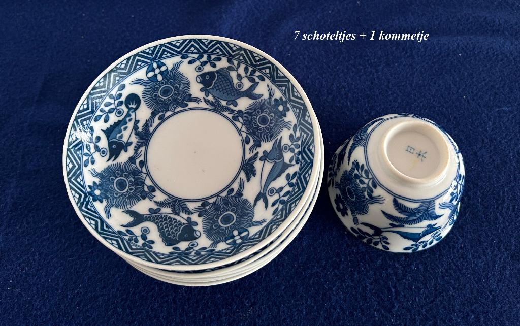 1 kom + 7 schotels Vissen blauw wit serviesgoed Gemerkt, Ophalen