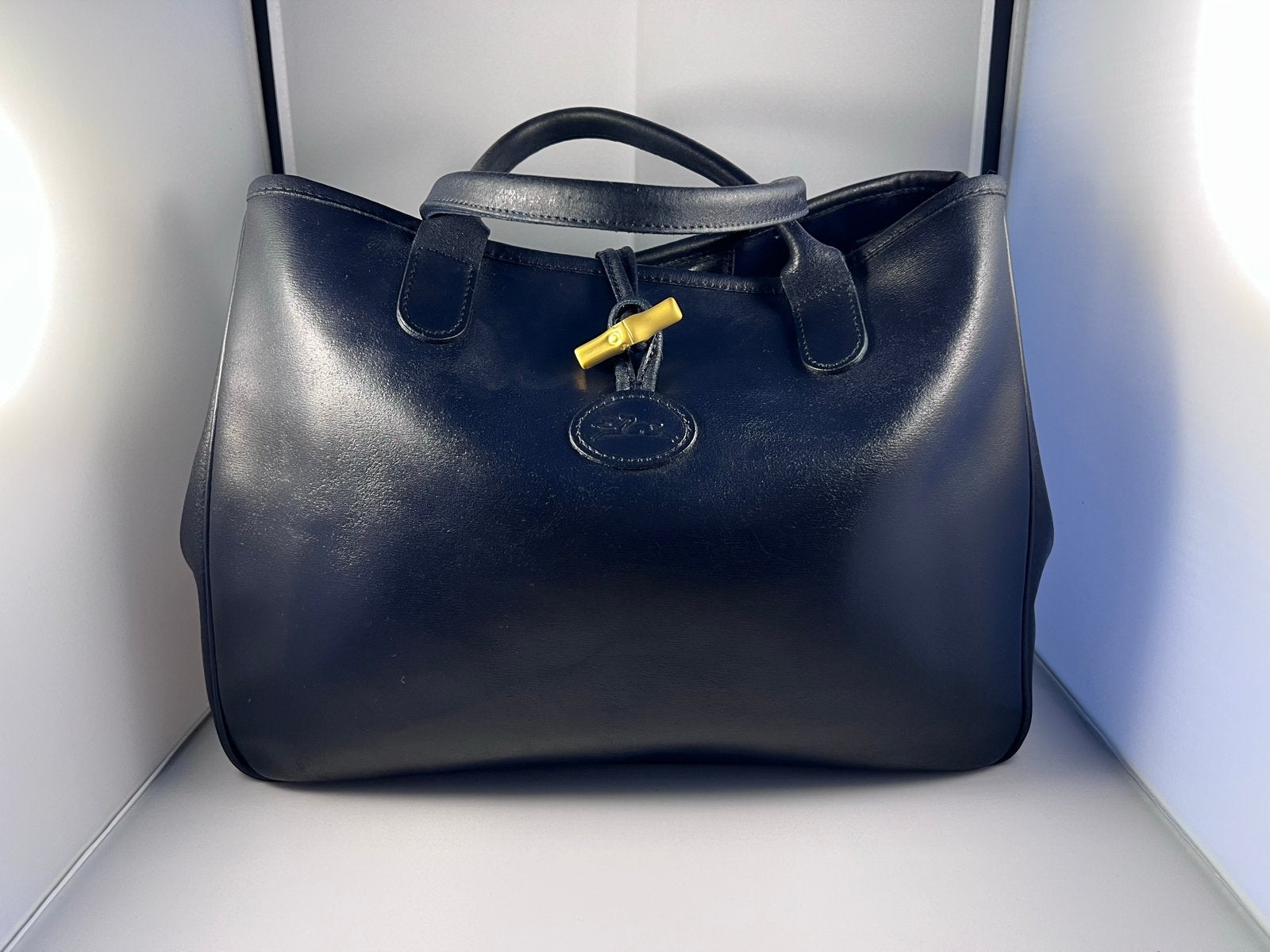 Vintage Longchamp Le Roseau Leren Handtas, Ophalen of Verzenden, Gebruikt, Blauw, Handtas