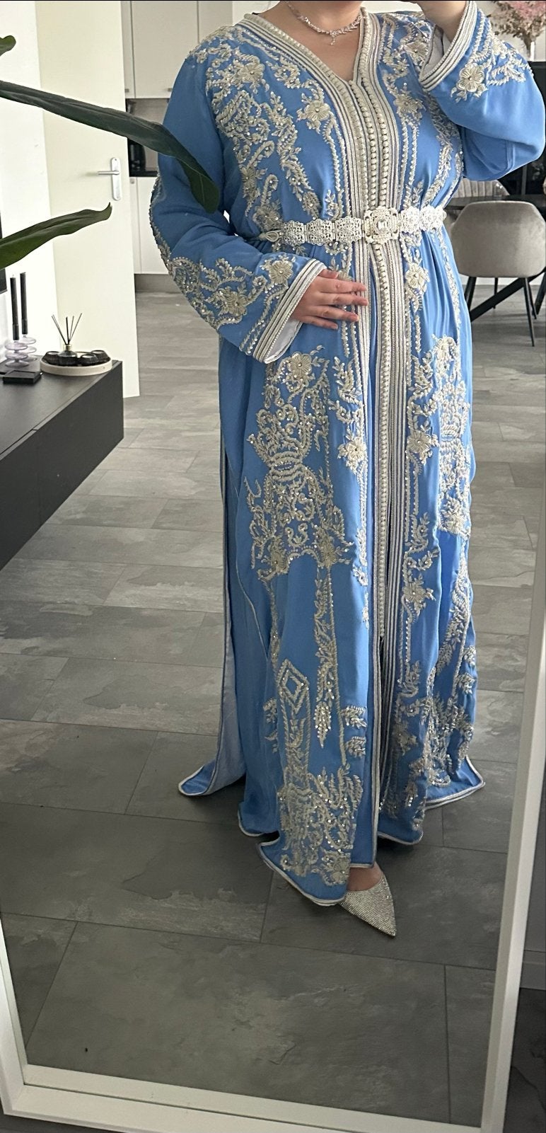 Takchita blauw met zilveren details, Kleding | Dames, Overige typen, Blauw, Maat 42/44 (L), Ophalen of Verzenden