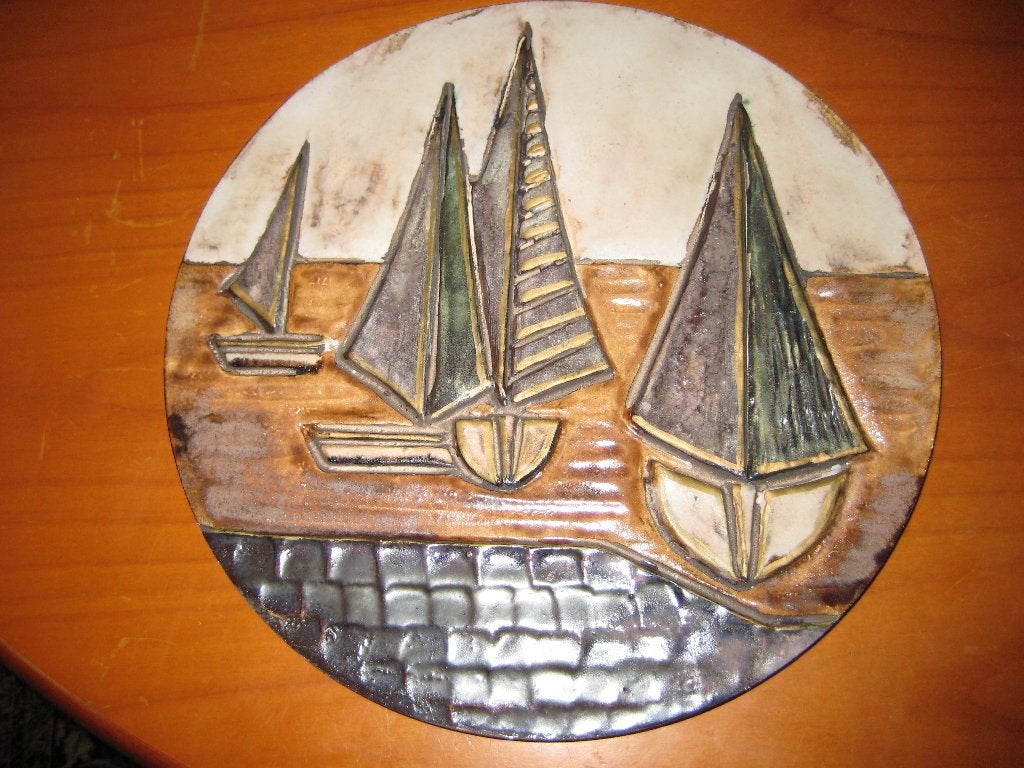 Rond aardewerkbild met schepen, 28 cm, Ophalen of Verzenden, Zo goed als nieuw, Natuurlijk materiaal, Decoratieobject