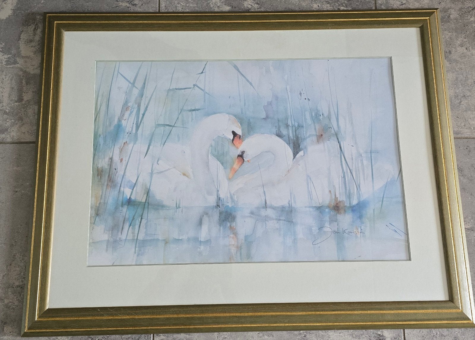 Aquarel van Jan Kooistra, zwanen zeer groot 90x70 cm, Antiek en Kunst, Ophalen