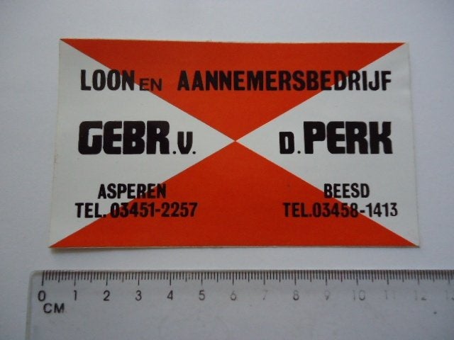 sticker oud Asperen Beesd vd PERK loonbedrijf retro landbouw, Verzenden, Zo goed als nieuw, Bedrijf of Vereniging