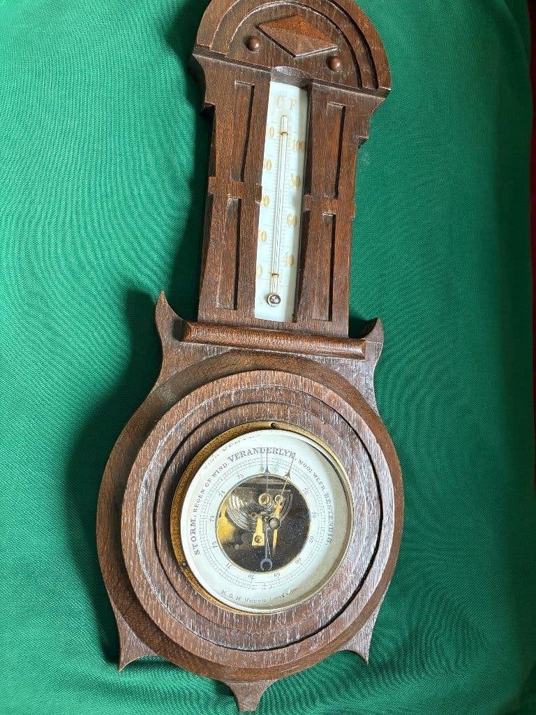 Antiek hout & metaal Vioolvormige barometer (1875), Antiek en Kunst, Ophalen of Verzenden