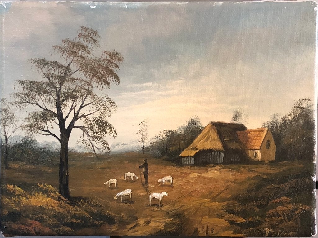 T.Kok Schilderij 'Schaapsherder op heide met vijf schapen in, Antiek en Kunst, Ophalen of Verzenden