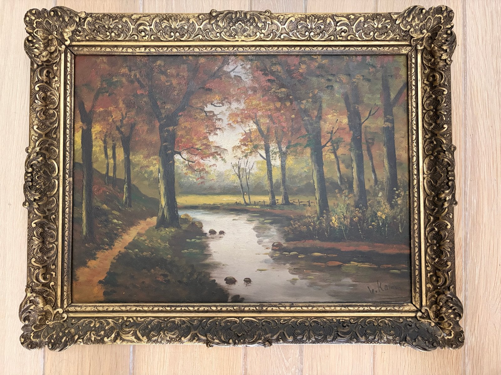 Schilderij  van V Kampen - Herfstlandschap met water, Antiek en Kunst, Kunst | Schilderijen | Klassiek, Doek, Ophalen of Verzenden