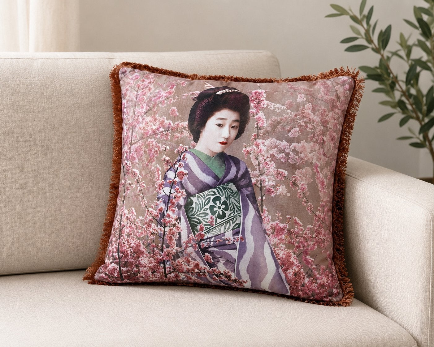 Sierkussen met Japanse print en franjes - 45x45 CM, Meerkleurig, Vierkant, Zo goed als nieuw, Sierkussen