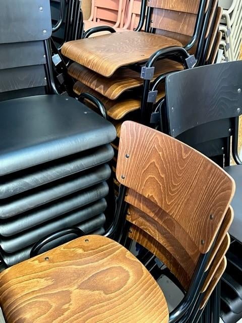 Retro eettafelstoelen nieuw schoolstoelen horeca prijs p/st, Bruin, ., Vintage, Nieuw