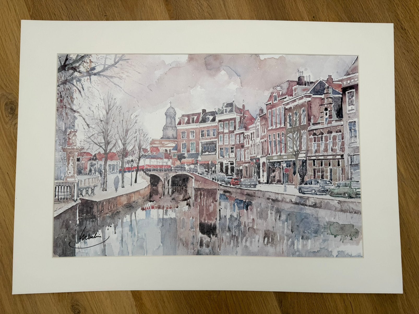 Poster- waterverf - schilderij - visbrug leiden - wesselius, Ophalen of Verzenden