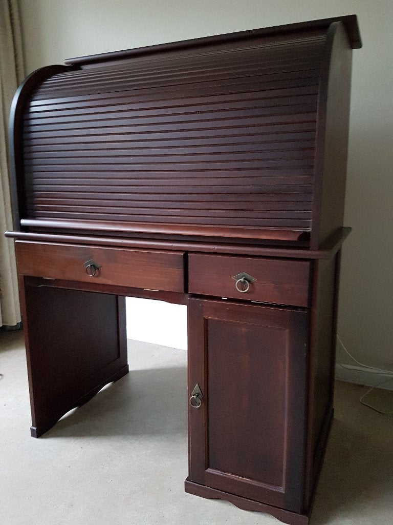 PC bureau met rolluik, Ophalen, Gebruikt, Hout, Bruin