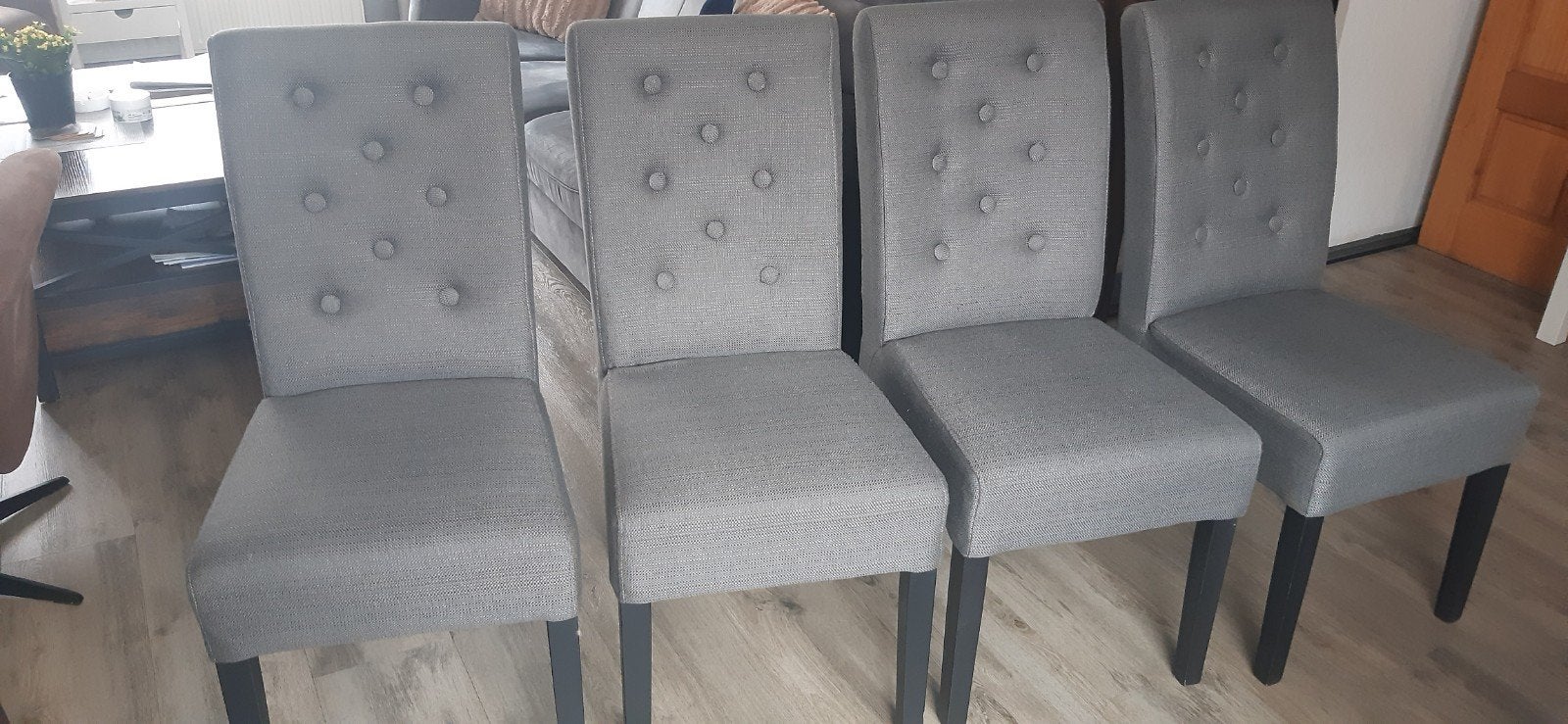 4 Eetkamerstoelen.  Grijs, stof., Ophalen, Gebruikt, Grijs, Stof