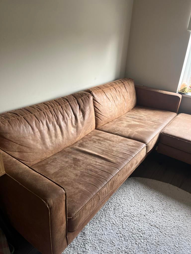 Bruine eco-leer 2,5-zits bank, Ophalen, Gebruikt, Driepersoons, Rechte bank