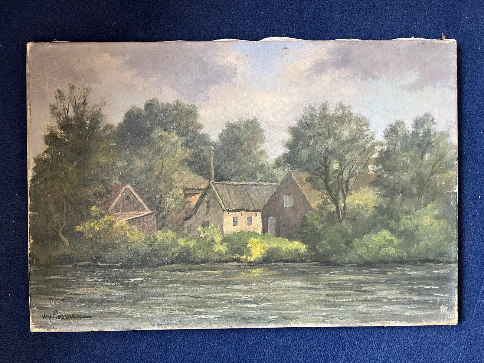 Schilderij W.J. Pasman - Landschap aan het water (60x40cm), Ophalen of Verzenden