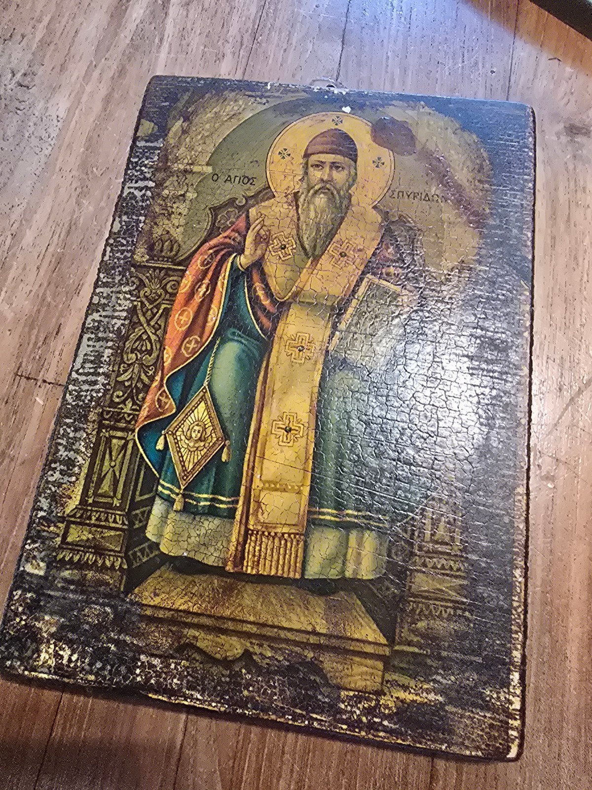 Antieke Griekse Orthodoxe Icoon - Sint Spyridon, Ophalen of Verzenden