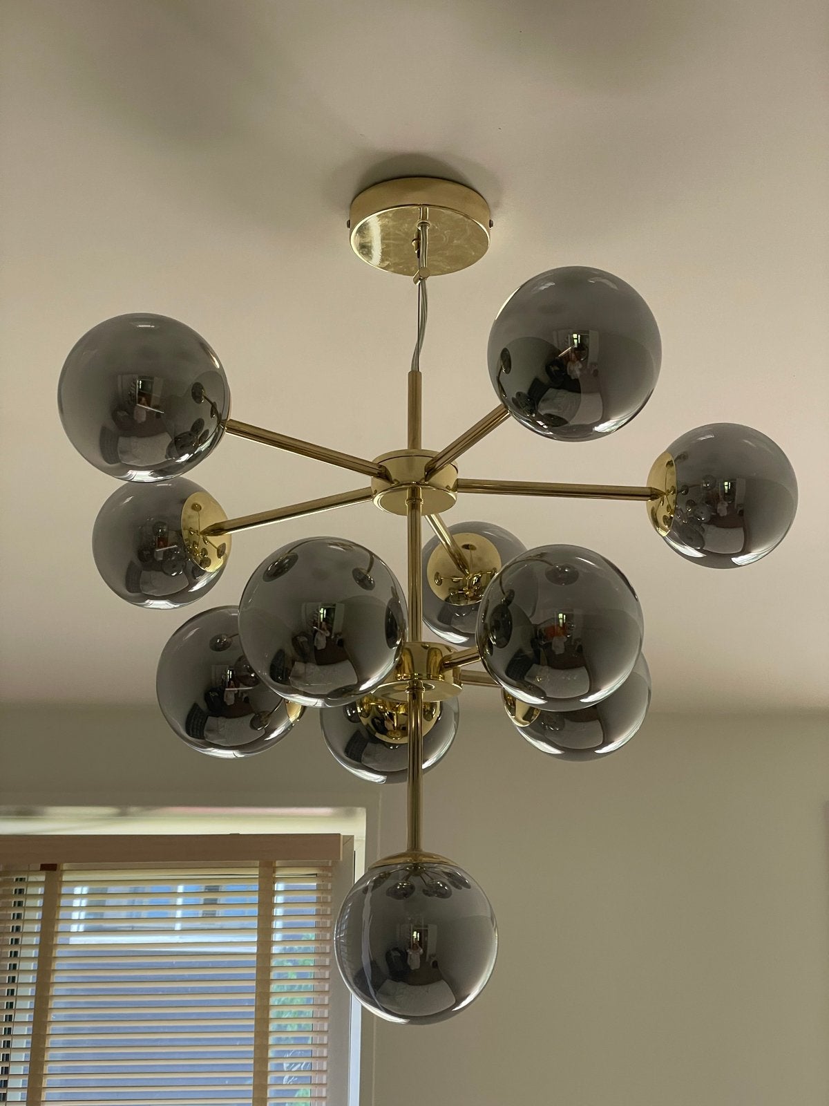 Moderne Gouden Sputnik Kroonluchter met Rookglazen Bollen, Ophalen, Zo goed als nieuw, Metaal, E14 (klein)