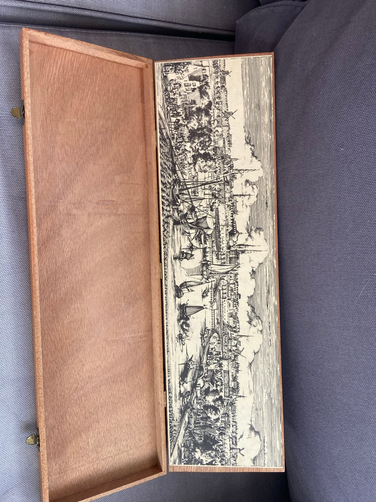 Vintage houten sigarenkist met stadsgezicht, Ophalen of Verzenden