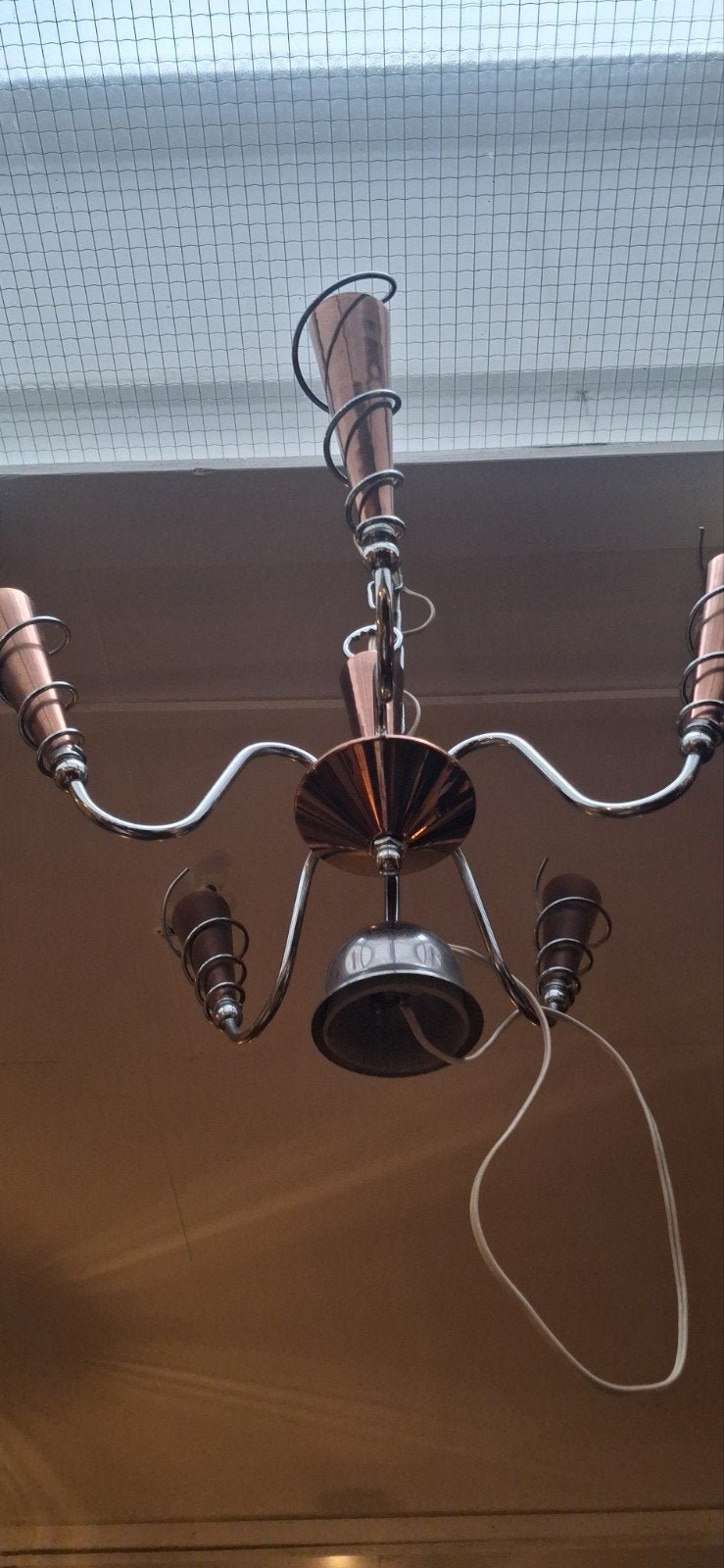 Vintage koperen kroonluchter met 5 armen, Gebruikt, Vintage, Klassiek, Ophalen of Verzenden, Onbekend