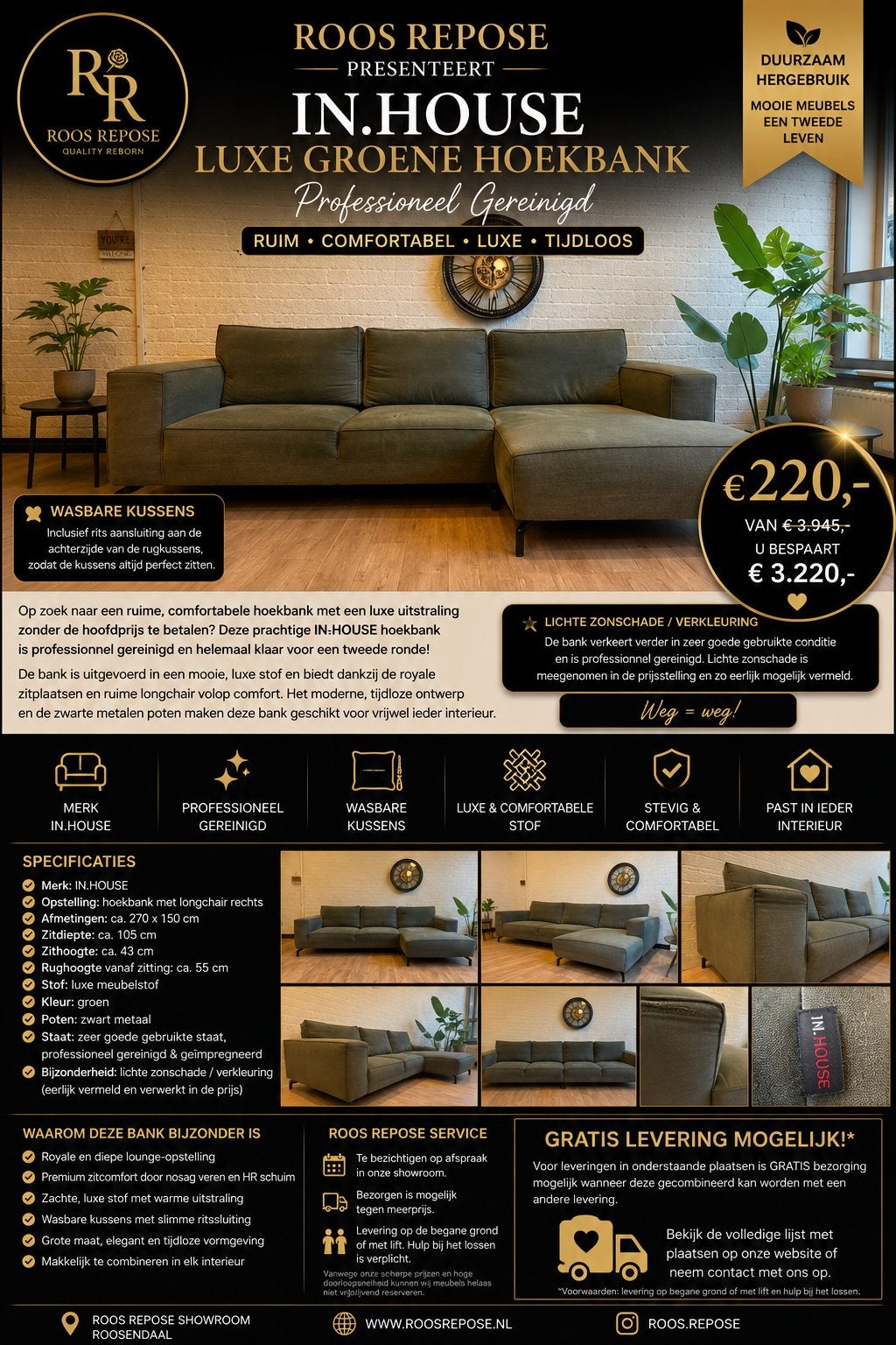 IN.HOUSE Luxe Groene Hoekbank | Professioneel Gereinigd