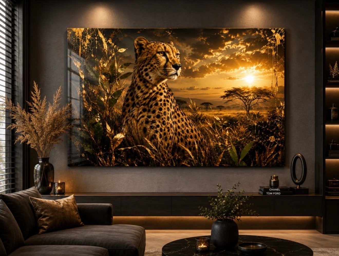Nieuw Plexiglas Schilderij Cheeta Zonsondergang 120x80cm, Nieuw, Ophalen of Verzenden, Schilderij, 100 tot 125 cm